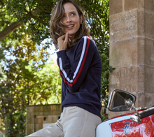 Load image into Gallery viewer, Cashmere & Wool French Racer Crewneck Sweater-Navy