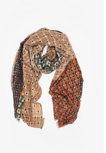 Load image into Gallery viewer, Antler NZ scarf IKAT BLUE AND RUST/TAUPE AND GREEN
