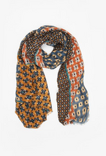Load image into Gallery viewer, Antler NZ scarf IKAT BLUE AND RUST/TAUPE AND GREEN
